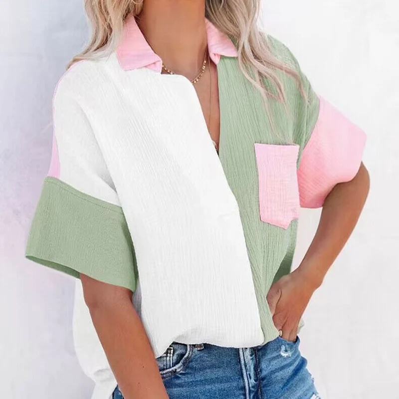 Casual Loose ort Sve V-Ne Button-Up irt Women's Summer Faion Street Sle Patchwork Color Blo ket Design Top