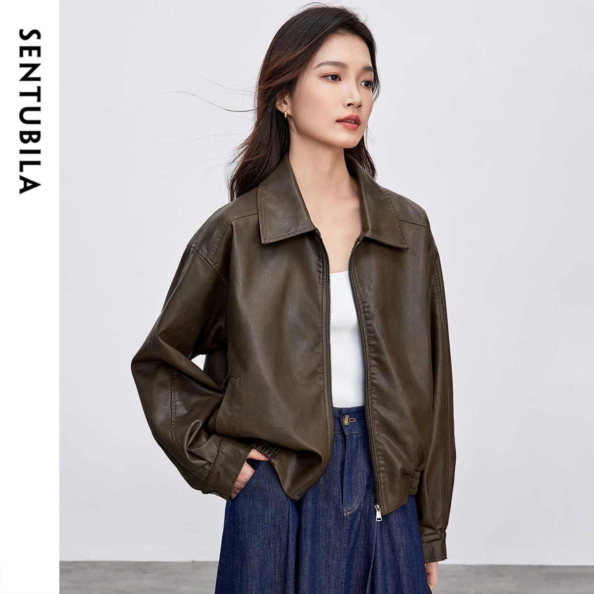 SENTUBILA Woman Leather Jacket 2025 Retro Commute Coffee Colour Turn Down Collar Zippers Windproof Motorcycle Pu Coats W51G73596