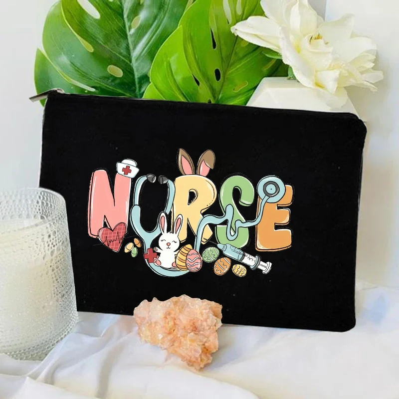 Nurse Rabbit Cartoon Print Canvas Storage Pouch Travel Toiletries Bags Office Supplies Pencil Case Wallet Easter Gift for Nurses