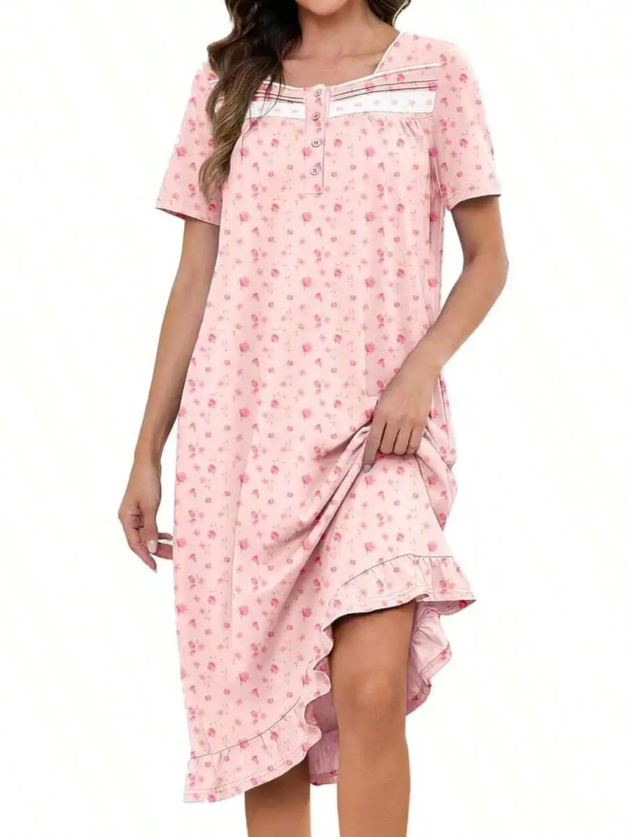 

Womens Cotton Floral Nightgown With Pockets Short Sleeve S-3XL