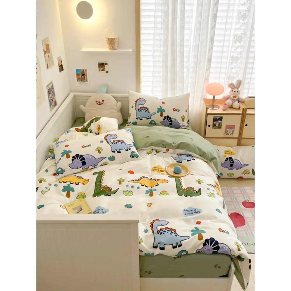 Cartoon Dinosaur Cotton Duvet Cover 3pcs Reversible Bedding Set Colorful Dino Comforter Cover Kids Quilt Cover with 2 Pillowcase