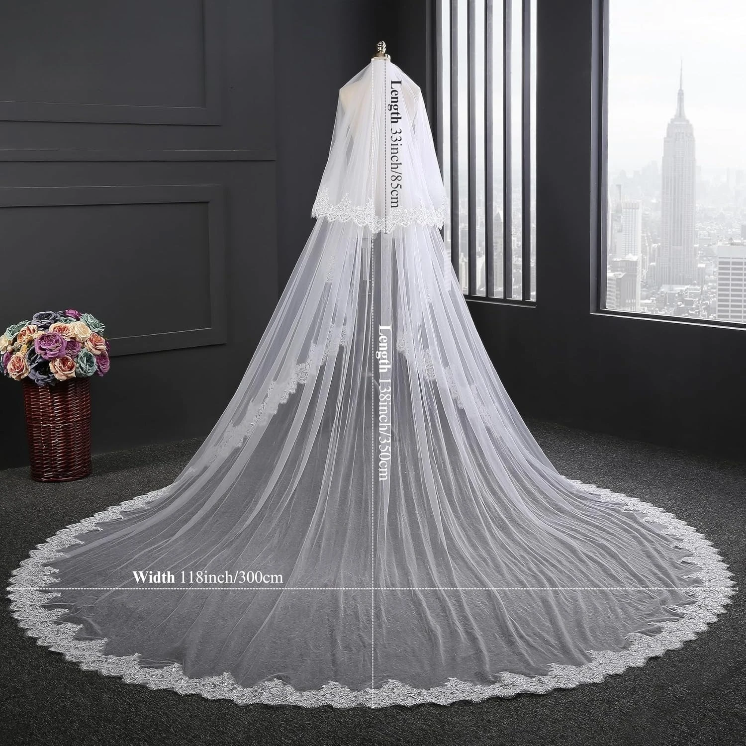 White Ivory 3M Cathedral Women 2 Tier Royal Length Lace Wedding Veil Bridal Veil With Comb Handmade Wedding Dress