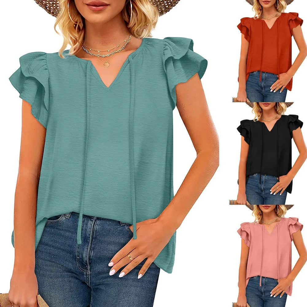 Women's New V-neck Top For Summer Lace-up Pleated Ruffled Sleeve T-shirt Chiffon Shirt