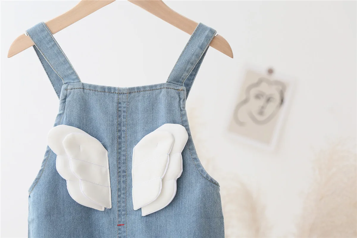 New Children Angel Wings Overalls Boys Girls Casual All-match Denim Trousers Autumn Solid Outwear 1-4Y Kids Fashion Bib Pants