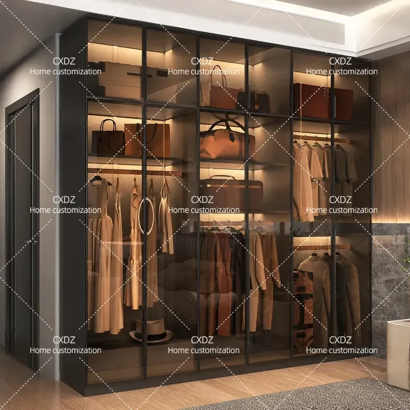 Modern Light Luxury Wardrobe with Transparent Glass Doors Simple High End Bedroom Closet Combination Cabinet for Home Use