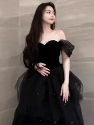 Black Evening Dress 2023 New Luxury Style Dress Banquet Host Dress Suit Small Black Dress Dark Dress Black Gauze Party Dress