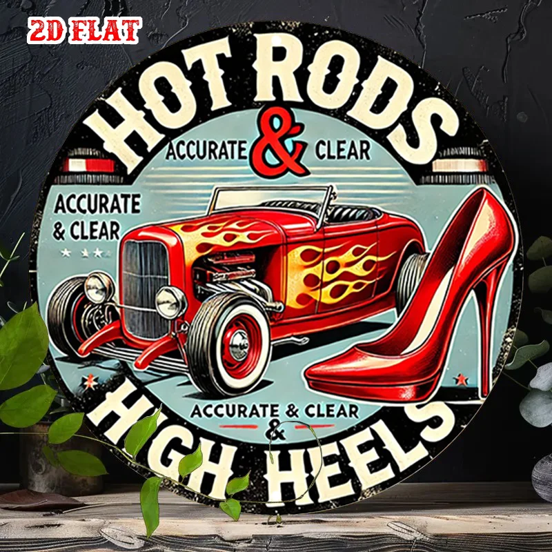 1pc 2D Flat Hot Rods Round Sign, Featuring Speed Flames. This Retro-Style Metal Sign Serves As Stylish Wall Decor for High