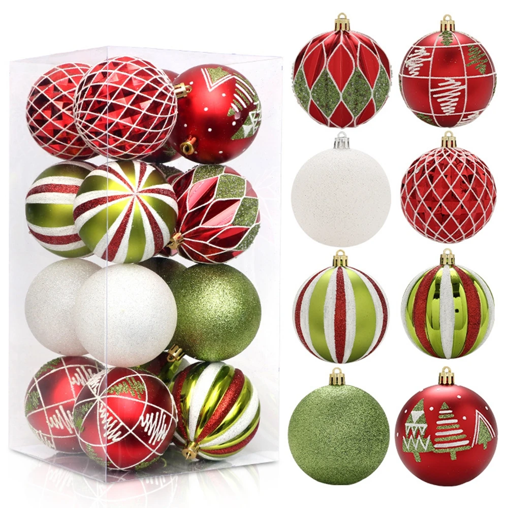 16pcs Plastic Christmas Balls, 8cm Shatterproof Matte Glossy Drawing Ornament Balls, Xmas Tree Hanging Baubles Decorations