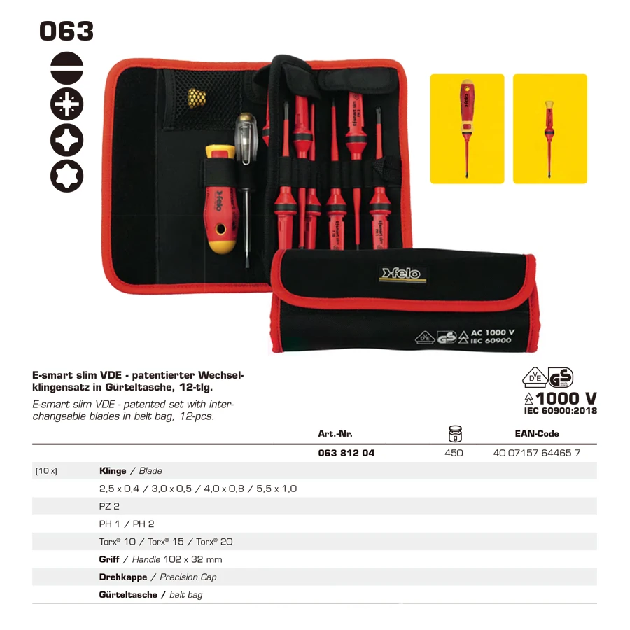 Felo 12 قطعة طقم مفك براغي معزول 1000 فولت مفك كهربائي قابل للتبديل مع حقيبة بحزام رقم 066381204 #2