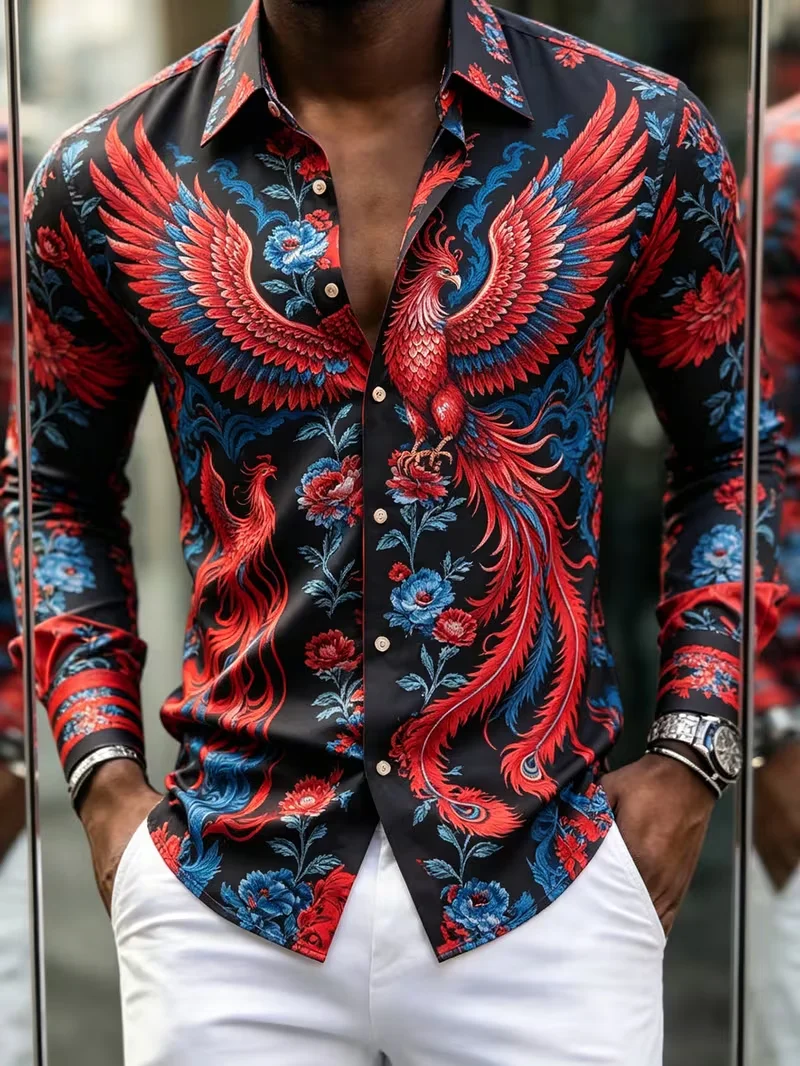 New men's tie dye ethnic geometric diamond totem 3D printed long sleeved shirt matte drape collar slim fit top