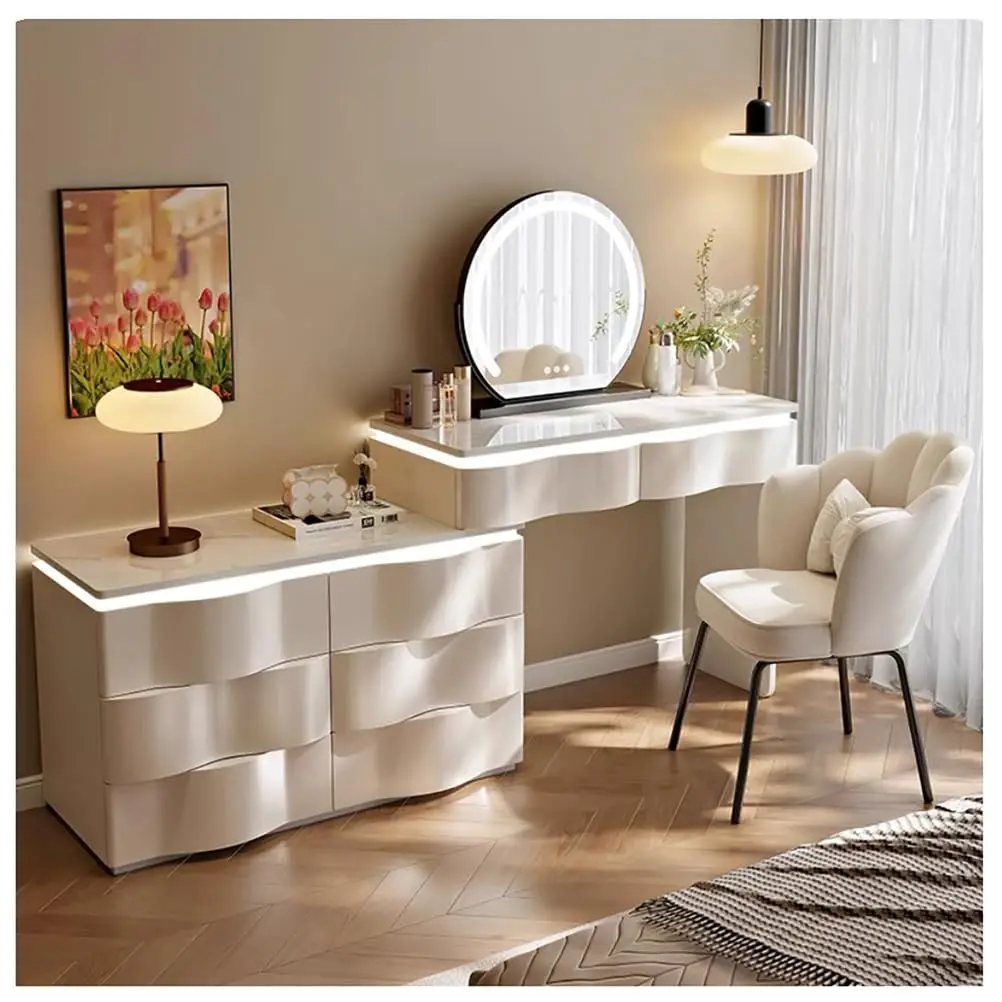 Ty Table with Mirror, with Led Lighting, Makeup Table with 4 Drawers and Chair, White Ty Desk for Bedroom, Dressing Table with S