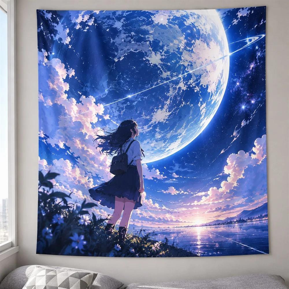 VIKAMA Planet Horizon Anime Tapestry Wall Hanging, Aesthetic Sci Fi Anime Room Decor Tapestries for Bedroom Living Room Study