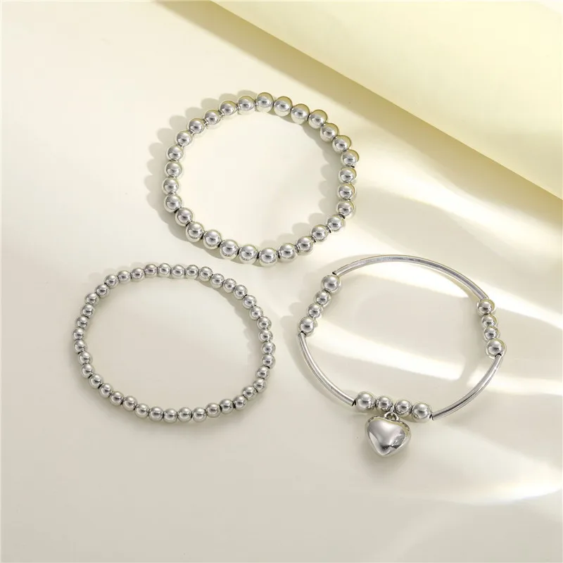 3 pcs/set Trend Heart Pendant Bracelets Set for Women Silver Color Ball Beaded Bracelets Bangles Jewelry New 2025