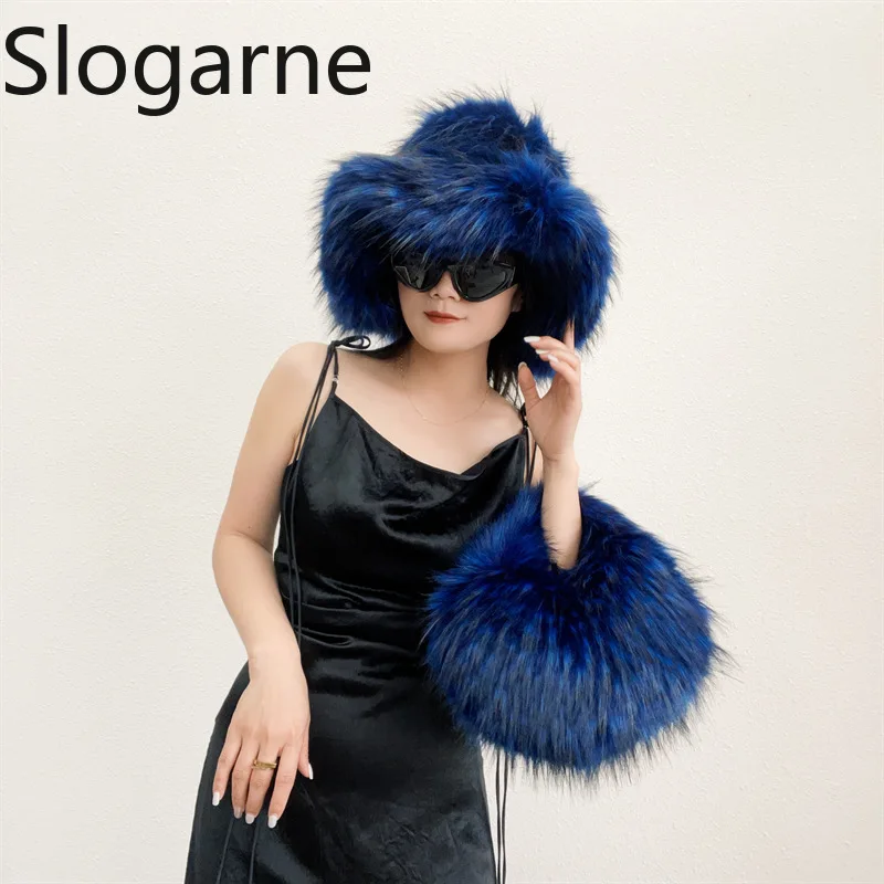 Women New Luxury Fur Hat Fur Bag Suits Sets Fluffy Wide Brim Bucket Hat Y2K Furry Bag Woman Winter Warm Faux Raccoon Fur Handbag