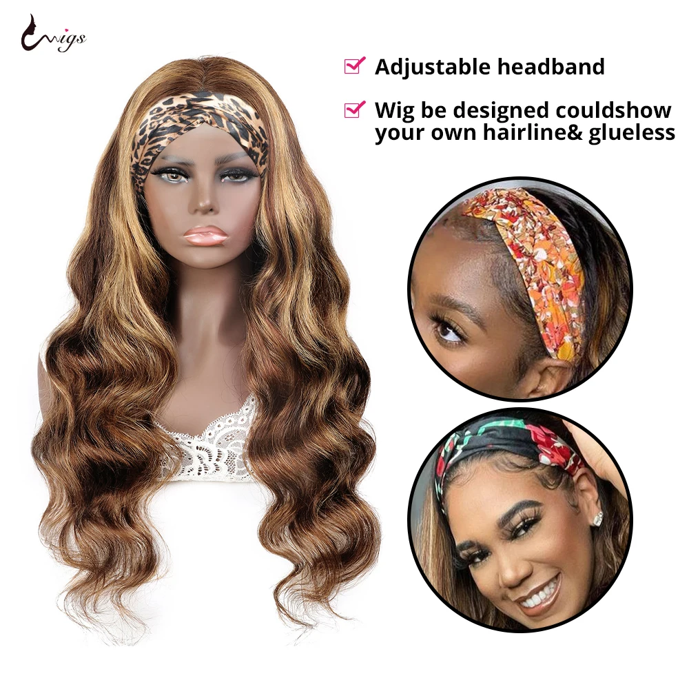 Uwigs Glueless Highlight Headband Wig Human Hair 250 Density Body Wave Human Hair Wigs Full Machine Made Scarf Wig For Women