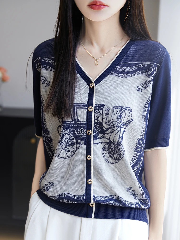 

2025 New Summer Short Sleeve Cardigan V-Neck T-Shirt Elegant T-Shirt Women's High Grade T-Shirt Fashion Comfortable T-Shirt Tops