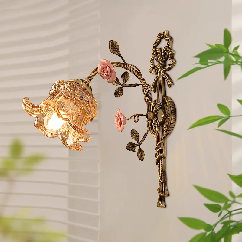 Full Copper French Rustic Natural Style Bedroom Wall Lamp Retro Romantic Rose Blossom Glass Wall Sconces Foyer Bedroom Headboard