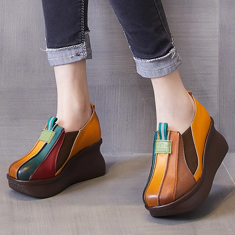 GKTINOO 2024 Spring Retro Women Genuine Leather Shoes Mixed Color Wedges Heels Shoes Thick Sole Casual Ladies Platform Shoes