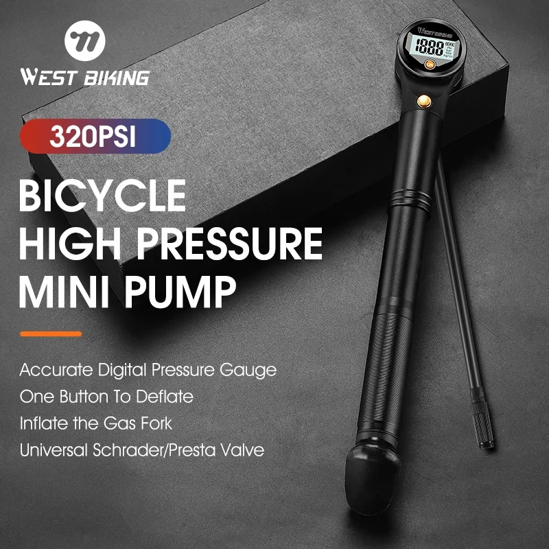 WEST BIKING 320PSI Bicycle Pump Portable Schrader Presta Valve Tire Inflator With Gauge MTB Road Bike Front Fork Cycling Pump