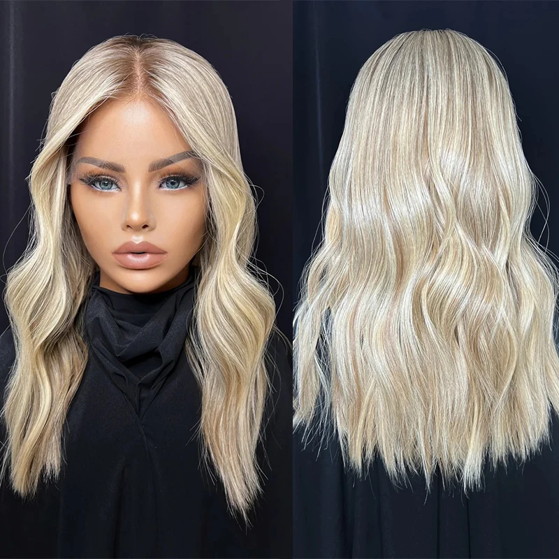 

Rooted Natural Wave 13x4 Lace Front Wig Light Blonde Highlights Synthetic Hair Wigs For Women Pre Plucked Natural Hairline