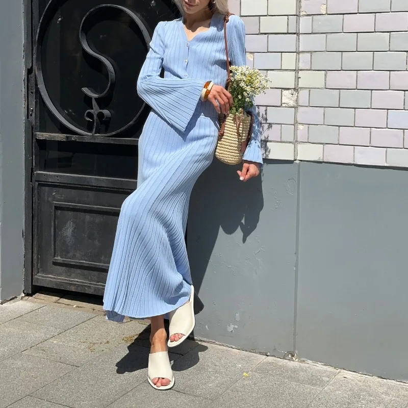 

2 Pieces Set Women Elegant Knitted Cardigan Sweater Knit Long Flare Sleeve High Waist Trumpet Mermaid Skirt Autumn Dress Suits