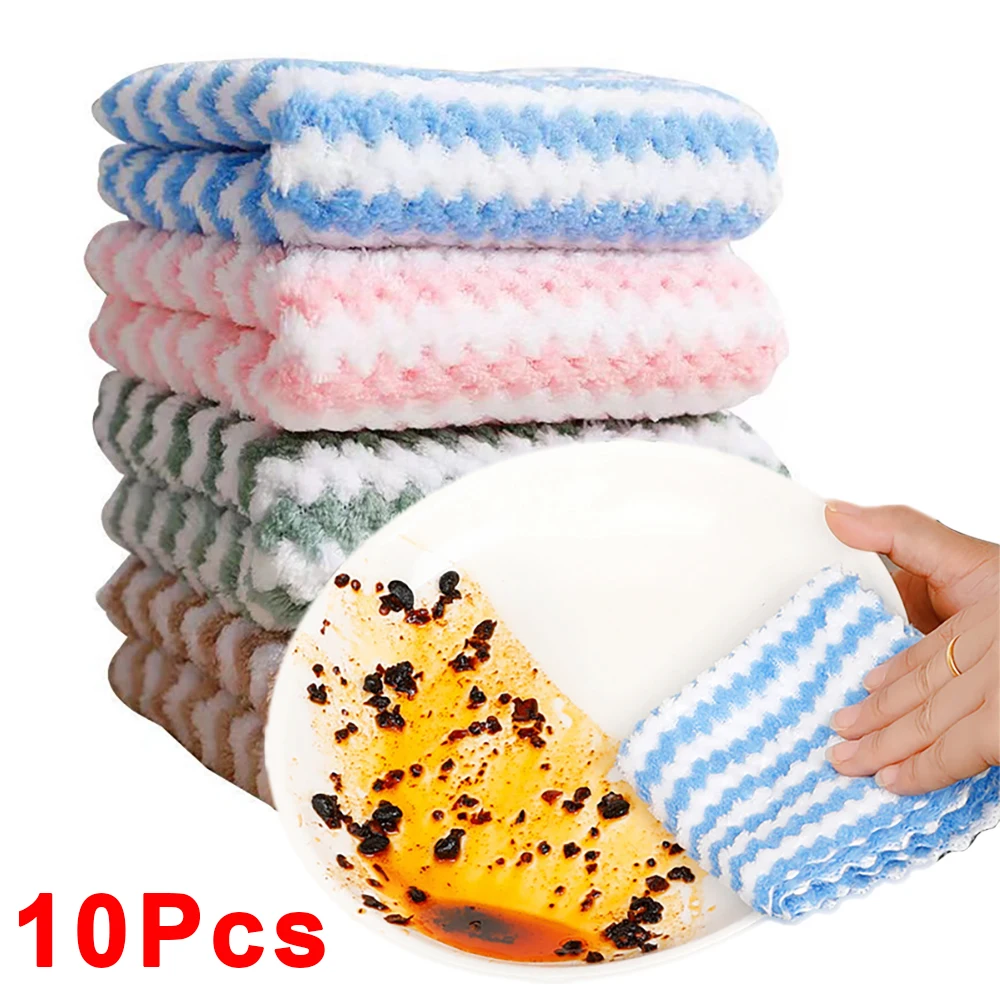 1/10Pcs Coral Fleece Dishcloths Thickened Absorbent Drying Cloth Kitchen Not Stick Oil Cleaning Rags Household Cleaning Towels