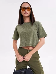 T-shirt solide lavate in cotone da donna di moda comode magliette Crop con scollo a o magliette Casual a maniche corte Y2k Street abbigliamento femminile