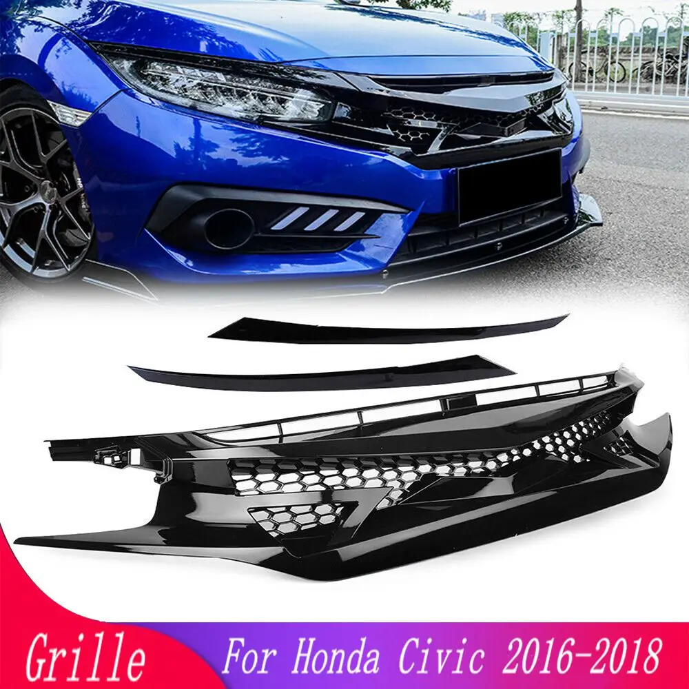 

Car modified glossy black mesh front grille For Honda Civic 2016 2017 2018 10th generation replacement front bumper racing grill