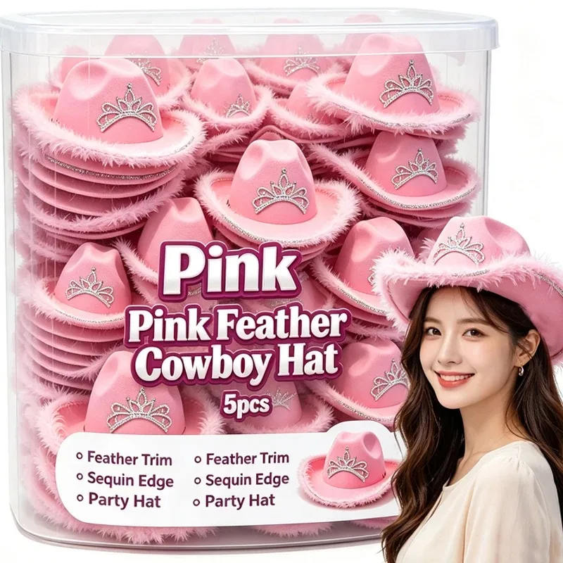 Fashion Pink Feather Cowboy Hat Crown Spicy Girl Princess Jazz Hats European American Pink Cowboy Cap Girl Water Diamond Decor