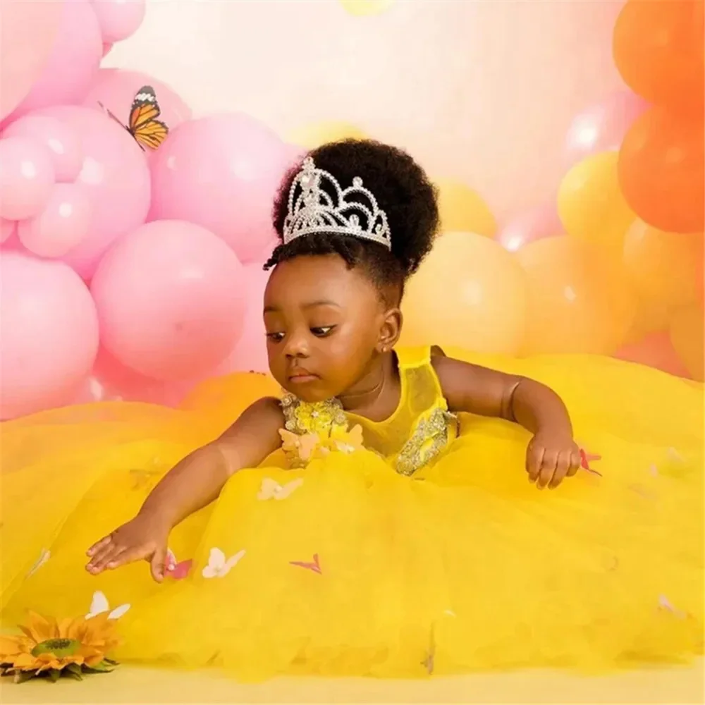 Robe de demoiselle d'honneur pour mariage, sans manches, en Tulle appliqué, à plusieurs niveaux, pour fête d'anniversaire pour enfants, robe de bal de première Communion personnalisée