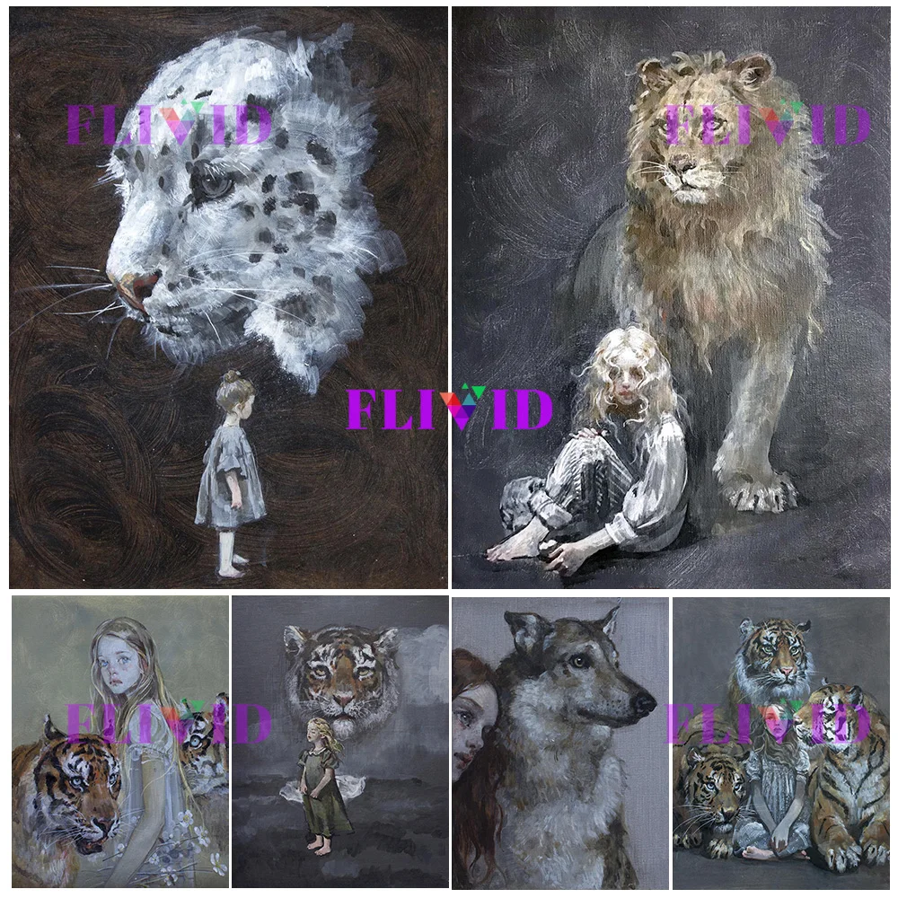 

Dark Fantasy Snow Leopard, Lion & Tiger Wall Art Canvas Painting, Surrealist Animal & Girl Art Poster Print Decor