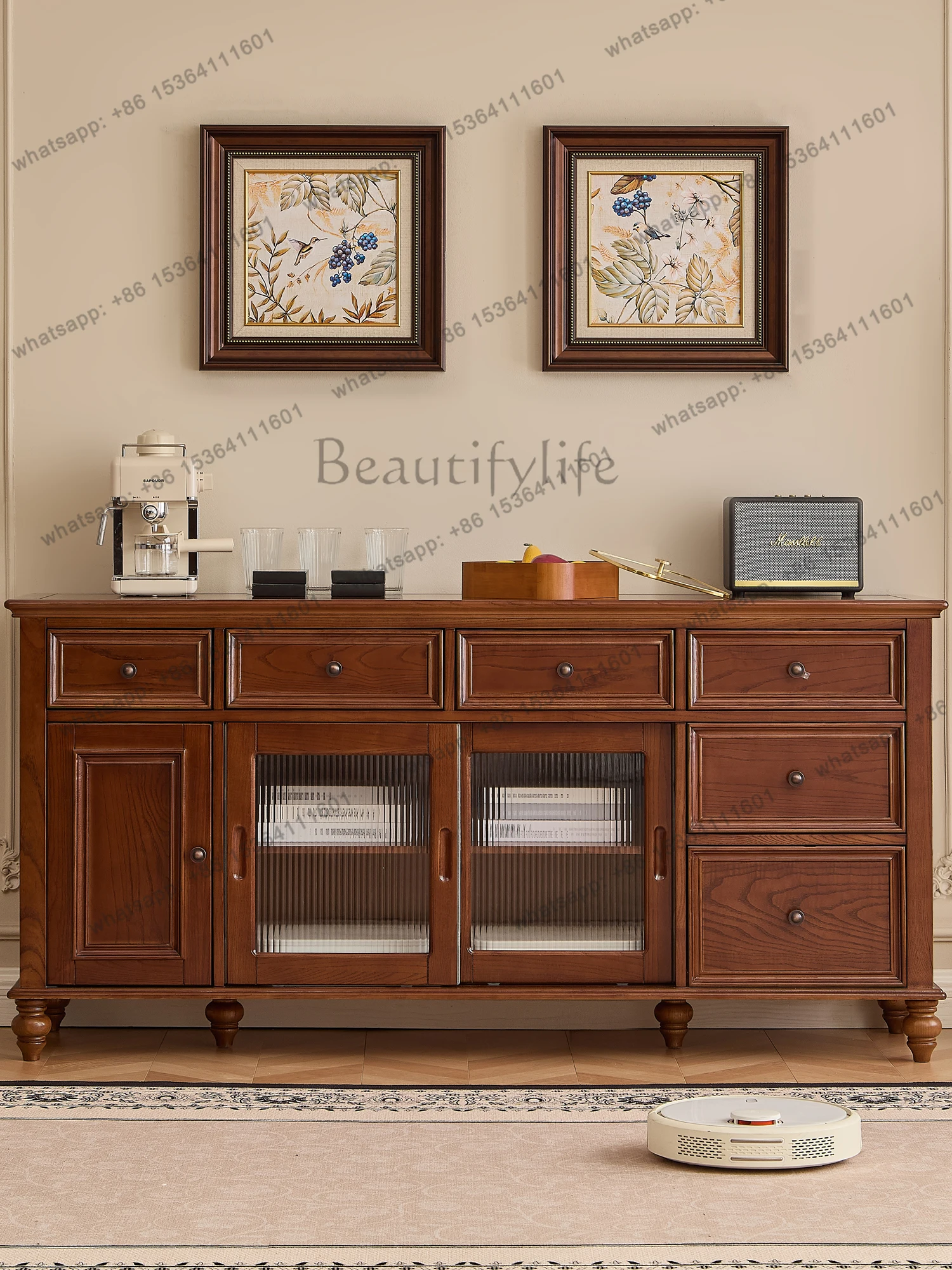 Solid Wood Sideboard Wall-mounted Integrated Modern Minimalist Storage Wine Cabinet Kitchen Organizer Bowl Cabinet