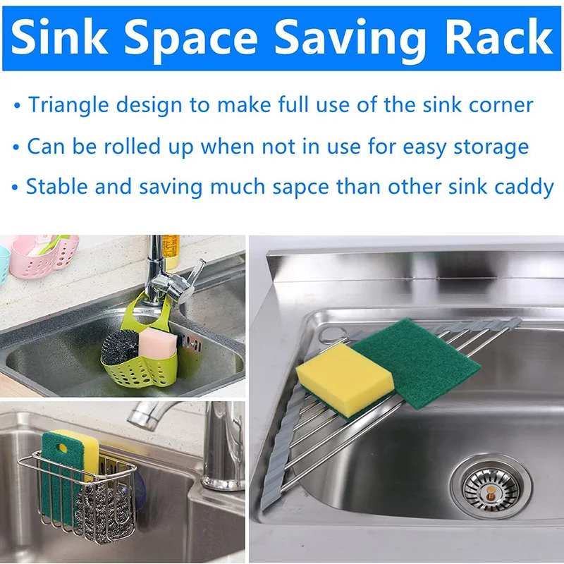 Triangle Dish Drying Rack for Sink Corner Roll Up Caddy Sponge Holder Foldable Stainless Steel Dish Drainer Shelf Organizer