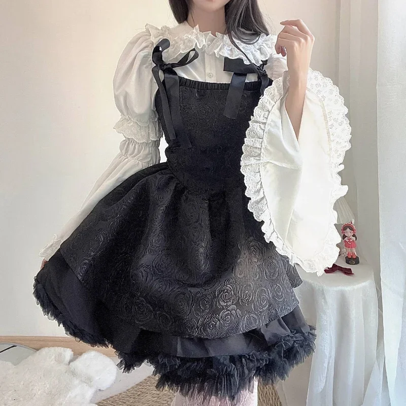 

2025 Removable Flare Sleeves Shirts White Ruffle Women Harajuku Lolita Blouses Gothic Fairy Aesthetic Doll Collar Tops Y2K eww2
