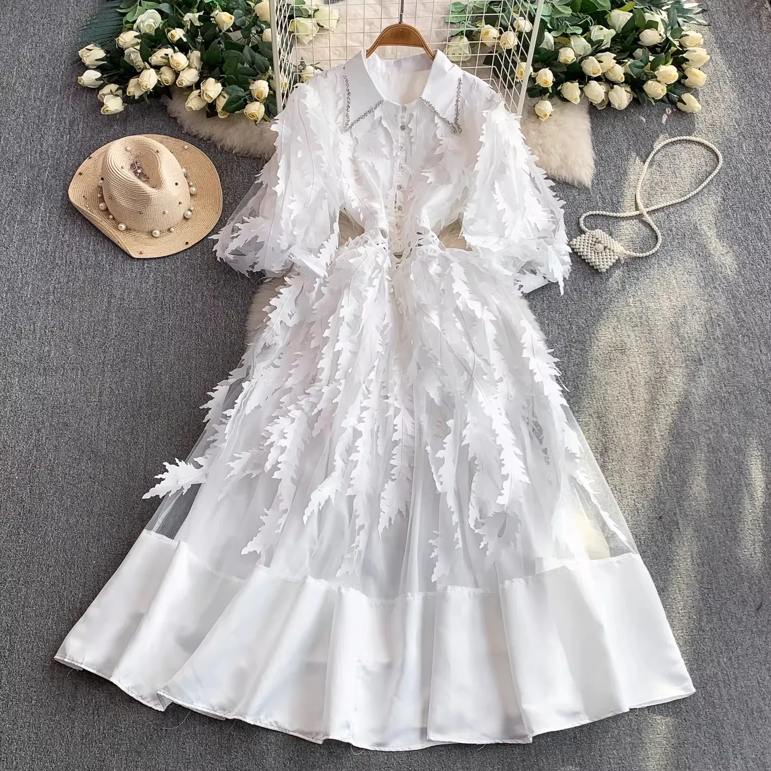 Elegant Leaves Embroidery Mesh Prom Long Dress Fashion Beading Lapel Women's Casual Lantern Sleeve Hollow Out Draped Party Dress