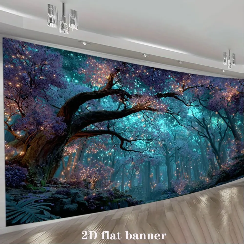 Magical Bioluminescence Forest Tapestry Wall Hanging Blue Glow Fantasy Nature Woodland Mural Room Decor Banner