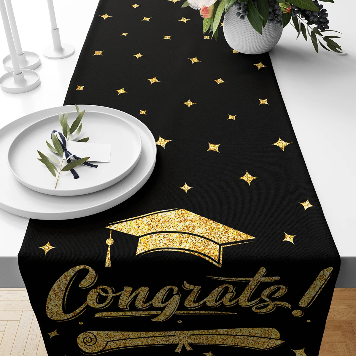 Happy Graduation Table Runner 2024 Congrats Grad Table Cloth Banner Celebration Graduation Class of 2024 Classmates Party Decors