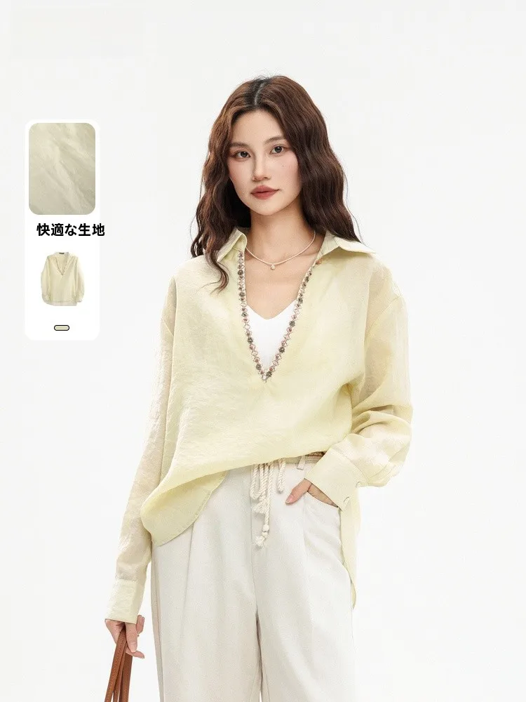 

Casual Loose V-Ne Faionable irt Memory's Start Summer 2025 New Sle 69AX527H Women's Premium Quali Long Sve Top