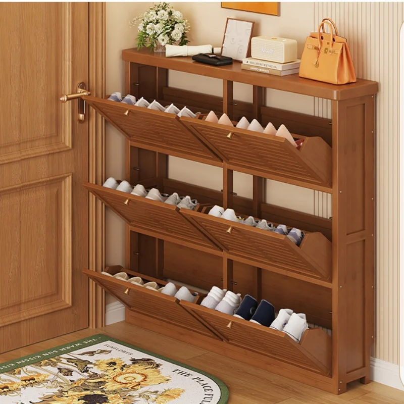Ultra-thin Wooden Shoe Cabinet Narrow Shoe Cabinet Entrance Storage Minimally Multi-layer Bamboo Door Wall Storage Cabinet New
