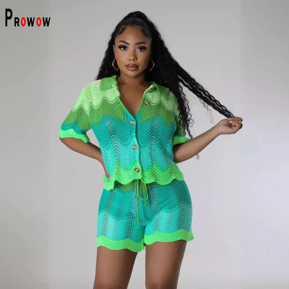 Prowow 2024 New Design Women Clothing Set Crochet Knitted Short-sleeved Shirts Shorts Two Piece Summer Suits Slim Fit Outfits