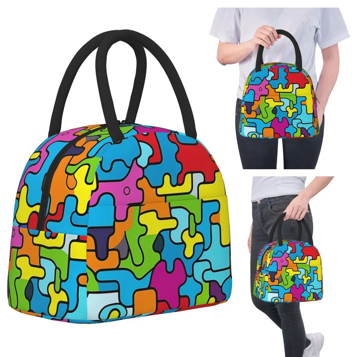 

Abstract Colorful Puzzle Pattern Insulated Lunch Bag for Kids School Cooler Thermal Food Box Tote Portable Lunch Boxes Container