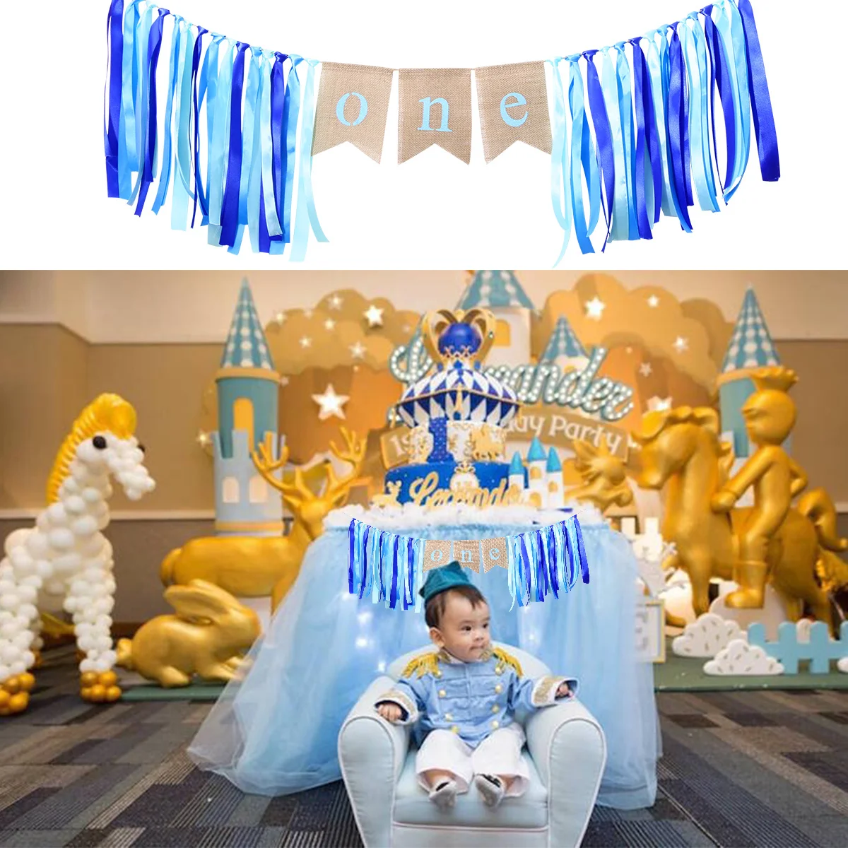 

One Birthday Banner Tear Resistant Linen Blue Ribbon First Birthday Decorations Highchair Photo Banner Indoor Outdoor