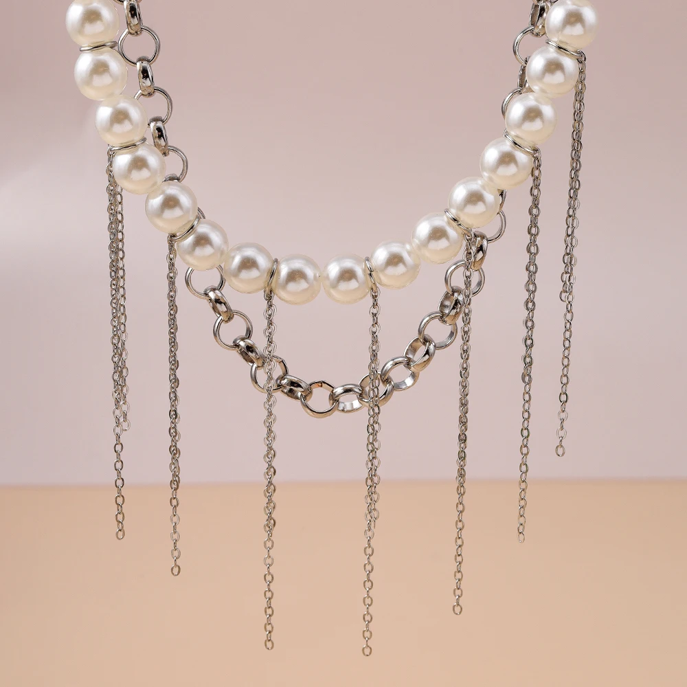 Aihua Mehrschichtige Lange Quasten-Imitationsperlen-Halskette für Damen, Modische Perlen-Choker-Ketten, Y2K Hochzeitsschmuck Geschenke – Detail 3