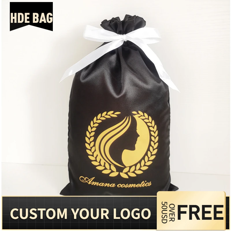 Custom Logo 18x30cm Satin Hair Extensions Ribbon Drawstring Bags Luxry Products Makeup Beauty Case Shoes Storage Packaging Bag