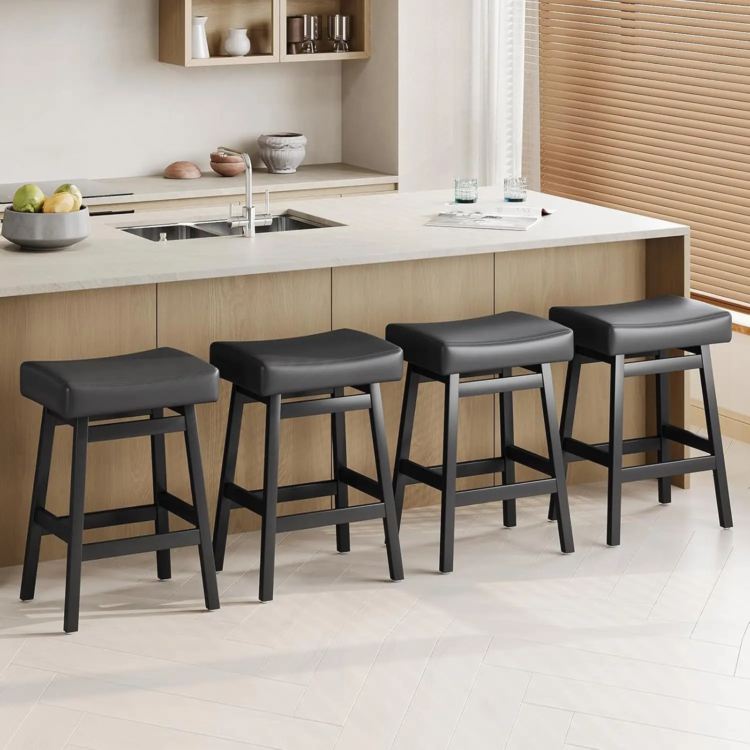 

26 Inch Bar Stools Set of 4, Backless Saddle Counter Height Bar Stools with PU Leather Padded Seat, Solid Wood, Customized