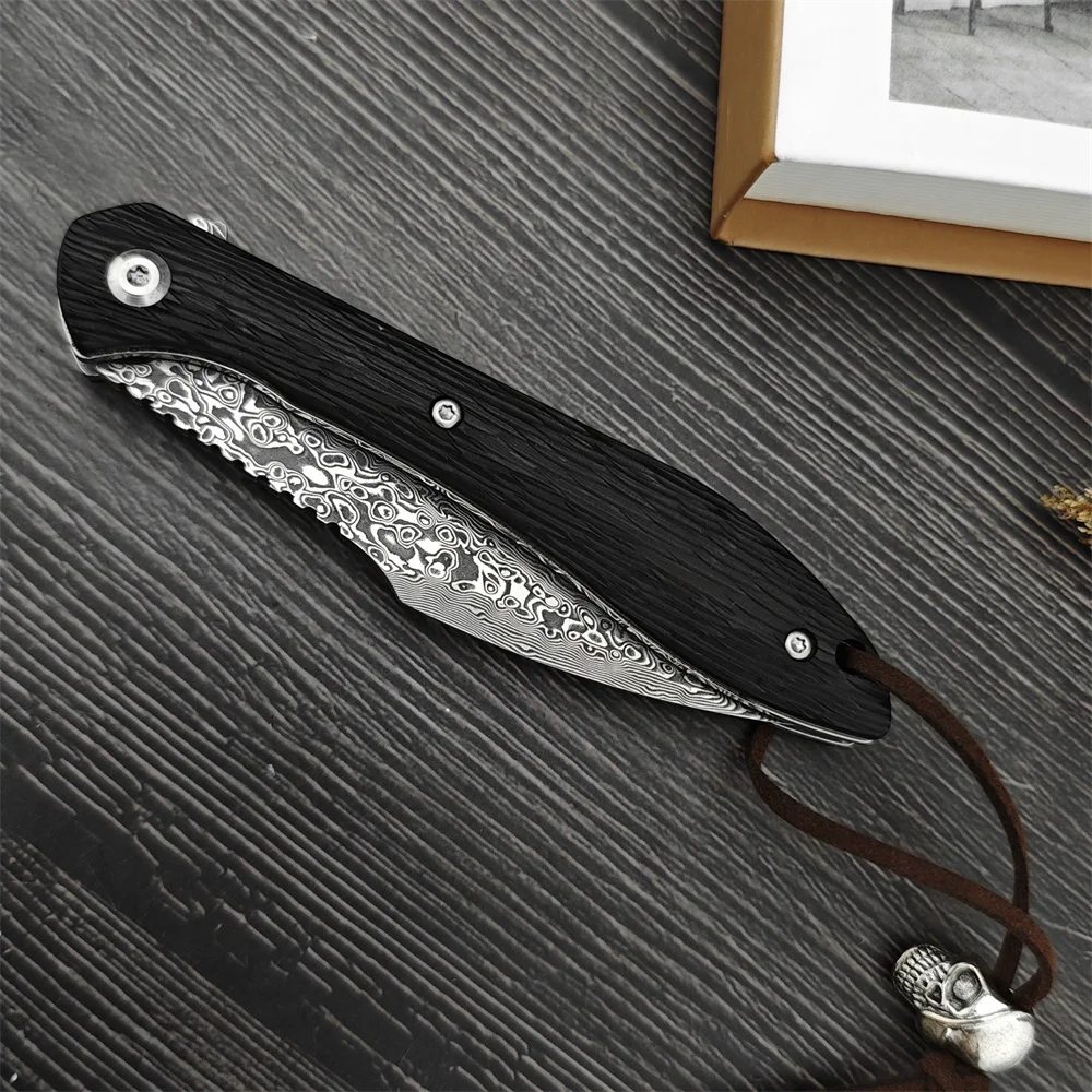 Folding Knife Damascus Steel Blade Ebony Handle High Quality Outdoor EDC Camping Hiking Survival Hunting Knife Men\'s Gift