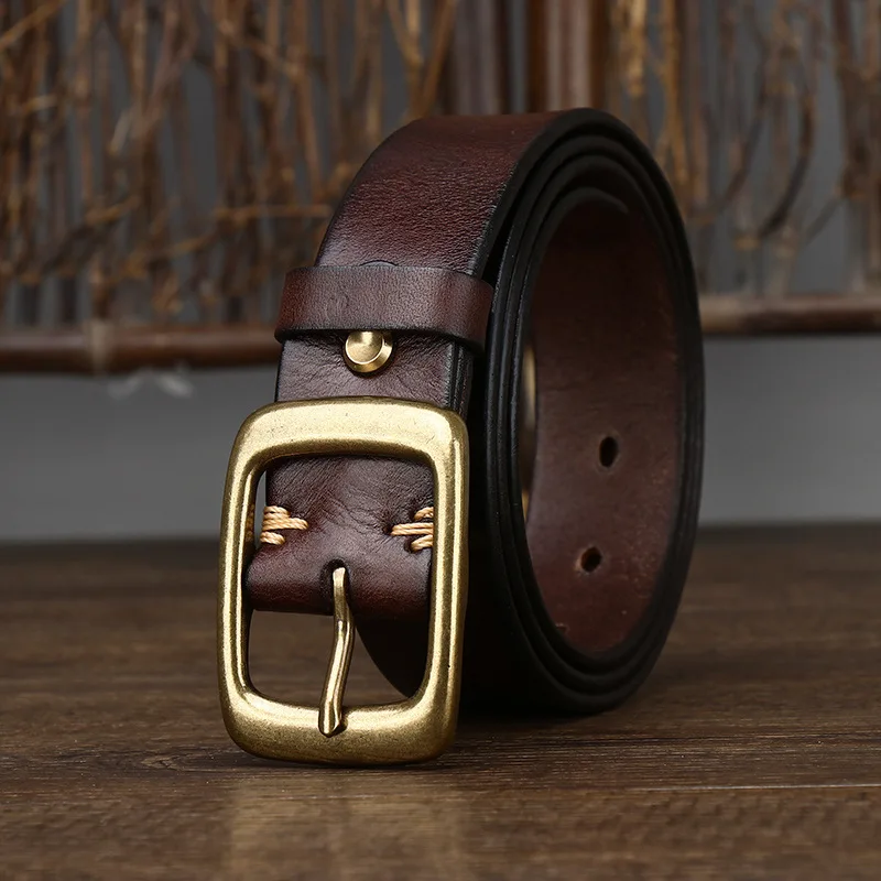 

Vintage 3.3CM Wide Distressed Top Grain Leather Belt with Copper Buckle for Men and Women Casual Wear