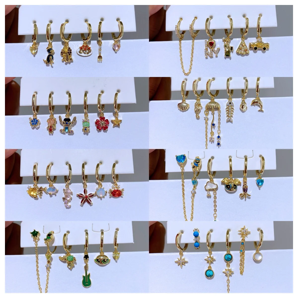 6pcs/set Cubic Zircon The Beauty Pendant Dangle Earrings Gold Plated Women Party Jewelry