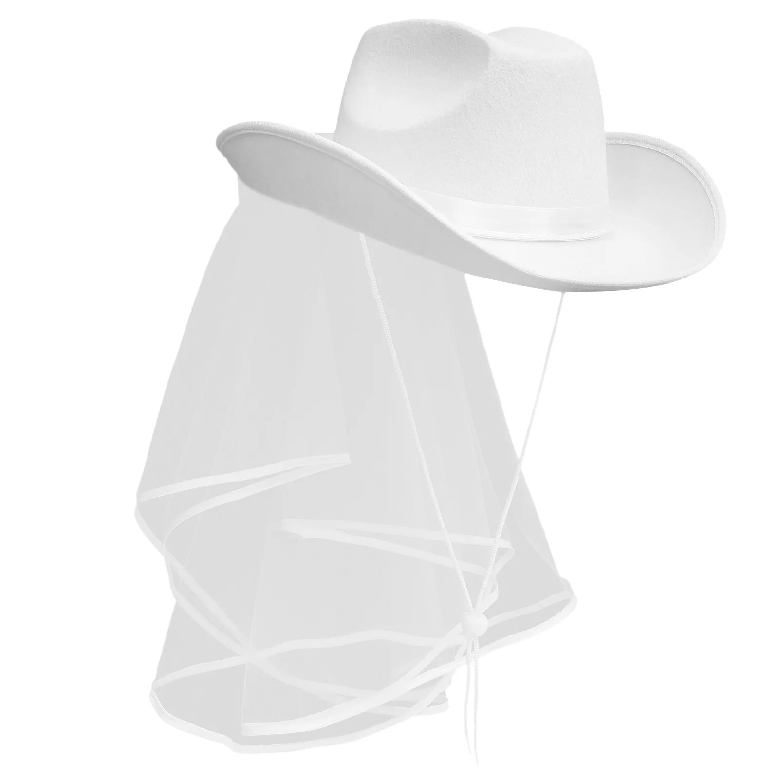 Bride Cowgirl Hat White Veil Lightweight Gauze Wedding Bachelorette Party Adjustable Strap Elegant Bridal Western Hat