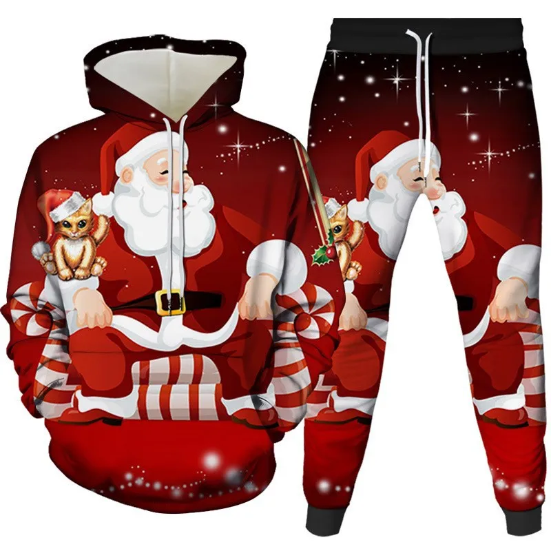 3D Print Men\'s Hoodie Sets Christmas Santa Claus Men Women Hooded Sweatshirt Pants 2Pcs Suits Oversized Pullover Couple Clothes